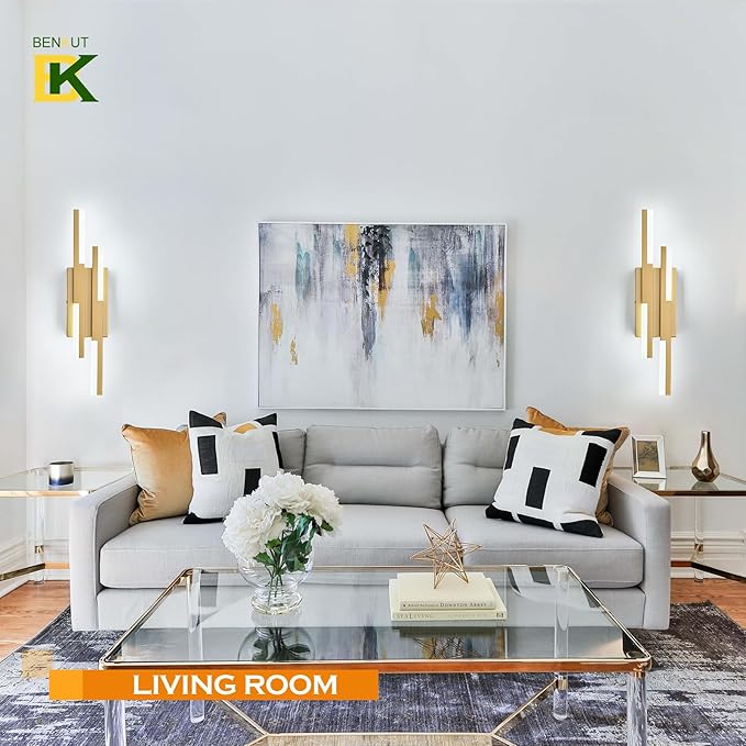 Modern LED Vanity Lights Set of 2, Gold Wall Sconce with Remote Control Dimmable Indoor Wall Light Bedside Remote Sconce for Bedroom Bathroom Living Dining Room (2 Pack H19.7’’)
