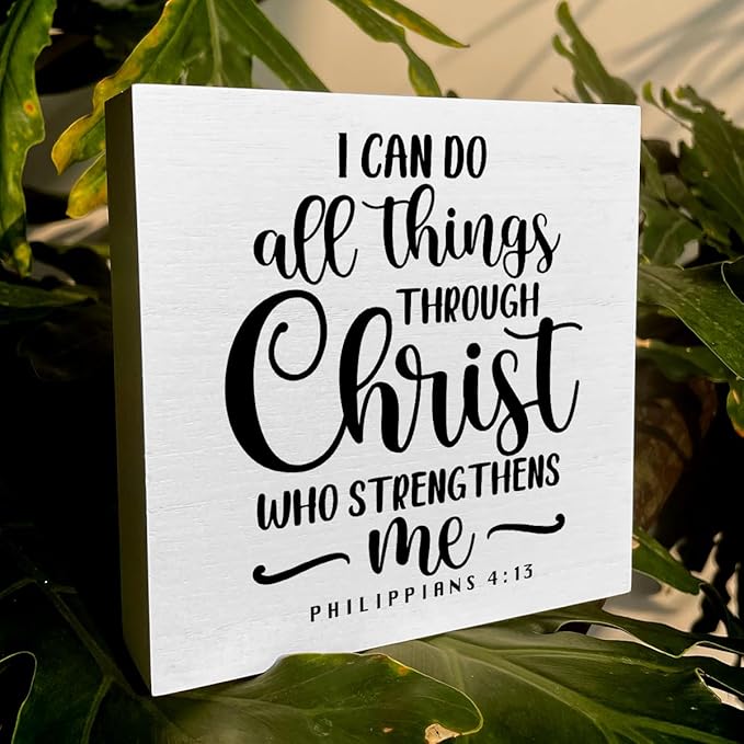 I Can Do All Things Through Bible Verse Artwork Wood Box Sign Rustic Farmhouse Style Philippians 4 : 13 Christian Wood Block Plaque 5 X 5 Inches Home Office Desk Sign Decor for Presents