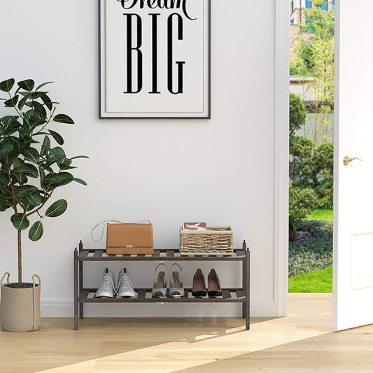 Bamboo 2-Tier Shoe Rack Stackable Shelf Storage Organizer for Entryway, Hallway and Closet, 27.2"x11"x13.2" (Mocha)