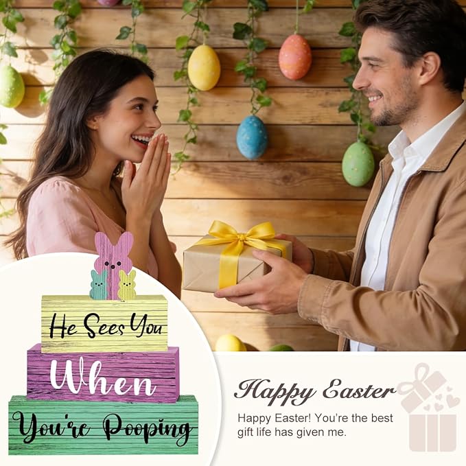 4 Pcs Funny Easter Bathroom Decor Easter Tier Tray Decor He Sees You When You're Sign Rustic Farmhouse Bathroom Decorations for Home Office Toilet Restroom Bunny Sign