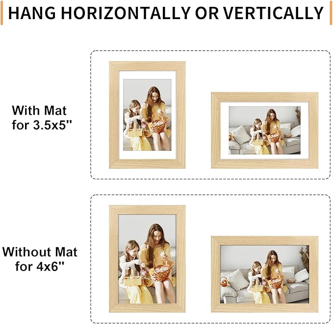 ATOBART 4x6 Picture Frame Set of 4, Displays 3.5x5 with Mat or 4x6 Without Mat, Photo Frames for Wall Hanging or Tabletop, Includes HD Plexiglass, Natural Wood Grain