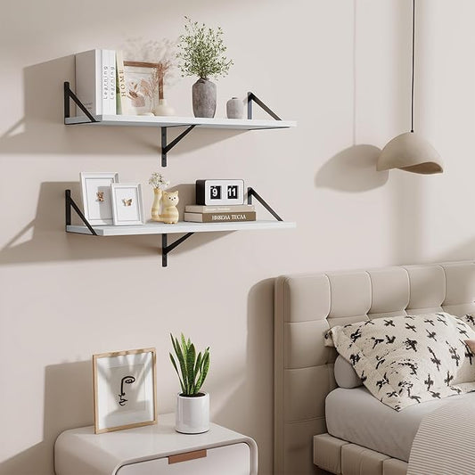 Floating Shelf for Wall,32" WX10 D Wood Floating Shelves with Sturdy Metal Bracket Set of 2,Wall Mounted Hanging Shelf for Bathroom,Bedroom,Kitchen,White