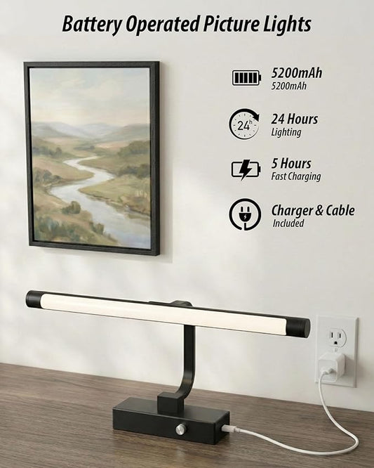 URSOLA 16“ Picture Lights for Wall, Black Battery Operated Picture Frame Light, Dimmable LED Light Over Picture Frame with 3 CCT, Display for Gallery, Living Room, Bedroom, Hallway