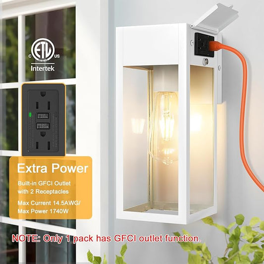 2 Pack Porch Lights Outdoor Wall Sconce, Outdoor Light with GFCI Outlet, Waterproof Exterior Wall Lantern Light Fixtures, Anti-Rust Wall Lamp with Clear Glass for Patio Doorway Garage- White