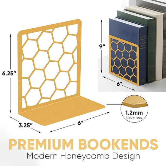 GEOMOD Geometric Honeycomb Gold Metal Bookends Decorative - Tall Sturdy Book Ends for Shelves - Modern Heavy Duty Bookend Stopper - Office or Home Book Shelf Book Holder - 6x3.25x6.25 Inches - 1 Pair