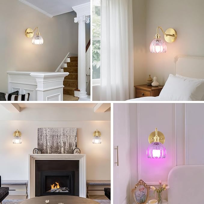 Vintage Battery Operated Wall Sconce Set of 2,Rechargeable Wall Sconces with RGB Dimmable Remote Control, Wireless Brass Transparent Glass Lampshade Fixtures for Bedroom Living Room
