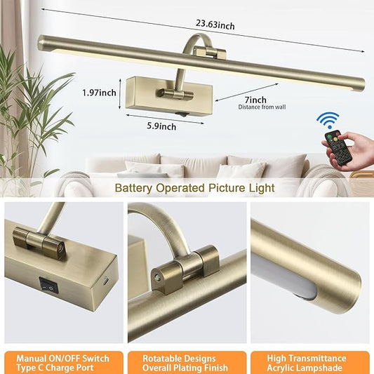Antique Bronze Picture Light, 23.6 Inch Remote Control Painting Lights for Wall Cordless, 3CCT Dimmable Wall Lights for Pictures, Rechargeable Art Light for Pictures On Wall with Timer