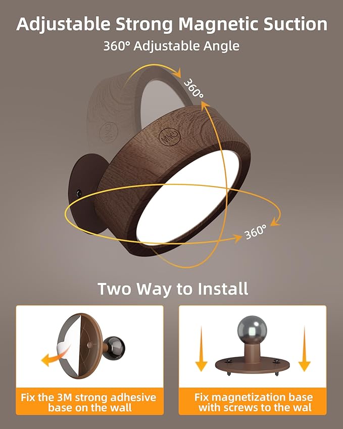 EZVALO LED Wall Mounted Light, 3000mAh Rechargeable Cordless Wall Sconce, Dimmable with Remote & Touch Control, 3 Color Temps, 360° Rotatable for Bedroom, Bedside, Reading(Walnut)