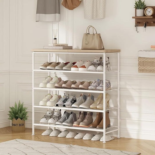 SUOERNUO Shoe Rack Organizer 5 Tier for Closet Entryway Free Standing Metal Storage Shoe Shelf with MDF Top Board,White+Oak