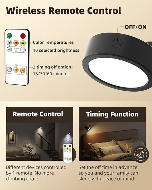 EZVALO LED Wall Mounted Light, 3000mAh Rechargeable Cordless Wall Sconce, Dimmable with Remote & Touch Control, 3 Color Temps, 360° Rotatable for Bedroom, Bedside, Reading (Black, 2 Pack)