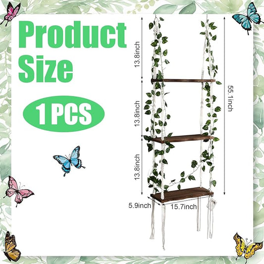 Novabright 3-Tier Boho Wall Hanging Shelves with LED Lights and Green Leaves, Irregular Edge, Floating Wall Shelf for Bedroom Art, Wooden Hanging Floating Storage Shelves Room Decor