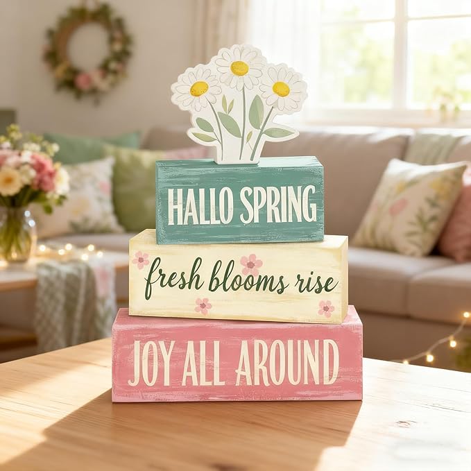 Spring Decoration Wooden Tiered Tray Decor – Rustic Hallo Spring Stacked Block Sign with Daisy Flower Topper – Farmhouse Tabletop Spring Decor for Living Room Shelf Kitchen Coffee Bar Seasonal Home Display
