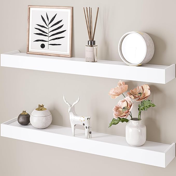 Ballucci Modern Floating Shelves 24", Set of 2 Wood Wall Mount Ledges for Nursery, Living Room, Bathroom, Kitchen, Office, White