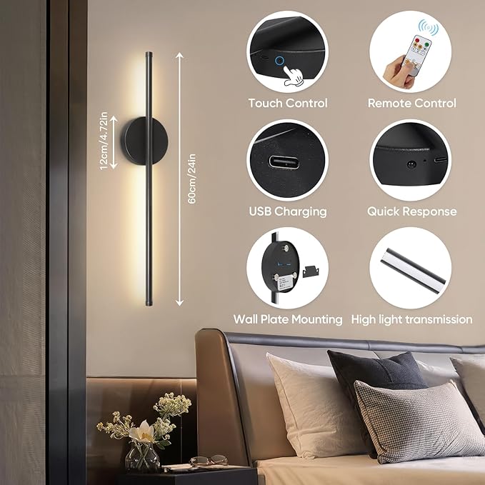 Battery Operated Wall Sconces Set of Two, Wireless Rechargeable Wall Sconces Black with Remote Control Dimmable, Cordless Wall Light Decor for Living Room, Bathroom, Hallway, Timing, 24 Inch