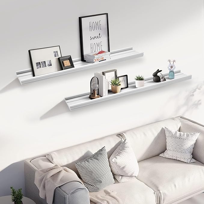 Muzilife 35.4 Inch Large Floating Shelves - Set of 2 Rustic Wood Floating Shelves - Wall Mounted Long Picture Ledge for Bathroom, Bedroom, Living Room, White, U Shape