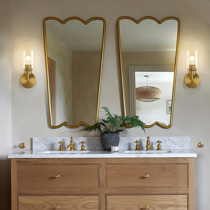 Battery Operated Wall Sconce Set of Two - Dimmable Wireless Sconces Set of 2 with Remote Control, Cordless Rechargeable Gold Wall Lights 3000K Modern wall lamp for Bathroom Bedroom Living Room
