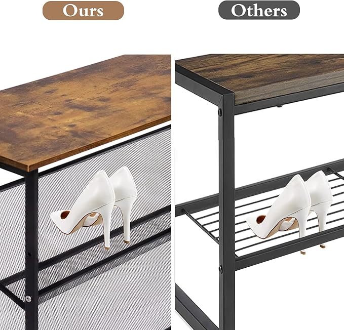 Garden 4 you Shoe Rack for Entryway 4 Tiers 11.8" D x 25" W x 28" H, Metal Shoe Rocks with Brown Wooden Tabletop, Angled Shoes Rack with Adjustable Mesh Shelves for Entryway Hallway Closet
