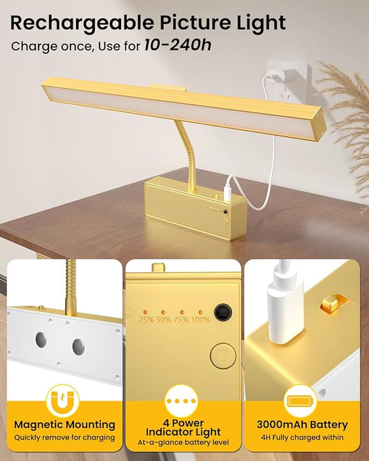 Wireless Picture Lights for Wall, 3000mAh Rechargeable with Power Level Display, 15'' Magnetic LED Art Painting Light with Remote & Timer, 3CCT Dimmable for Gallery, Frame, Dartboard (Gold)