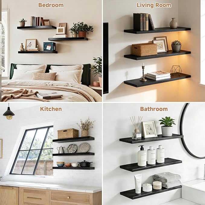 Floating Shelves Set of 3, 15.7 Inch Wall Mounted Wooden Shelf, Small Hanging Shelf for Home Decor, Books and Storage, Organizer for Bedroom, Bathroom, Kitchen, Black