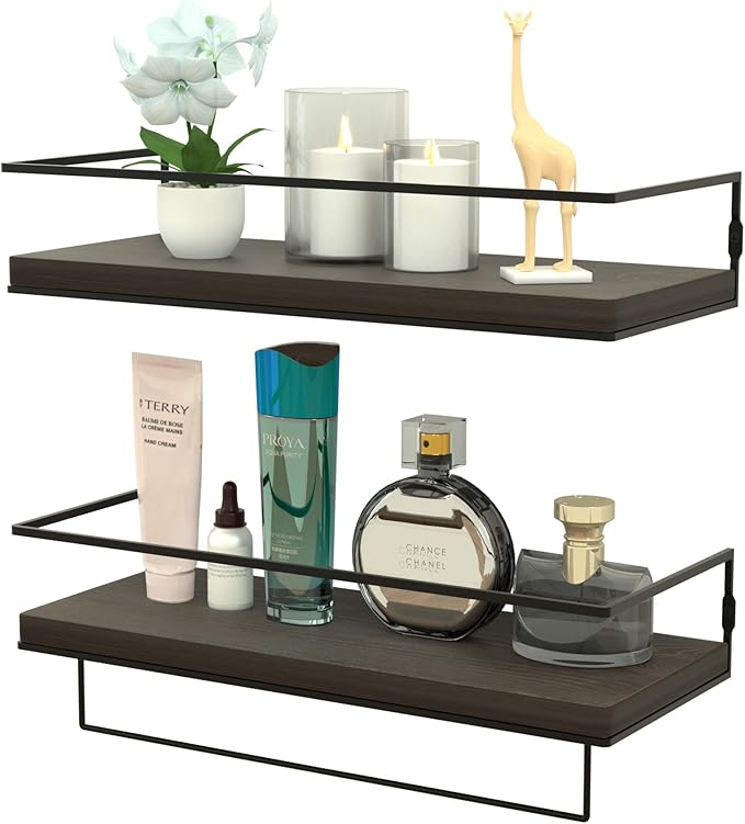 ZGO Floating Shelves for Wall Set of 2, Wall Mounted Storage Shelves with Metal Frame and Towel Rack for Bathroom, Kitchen, Bedroom