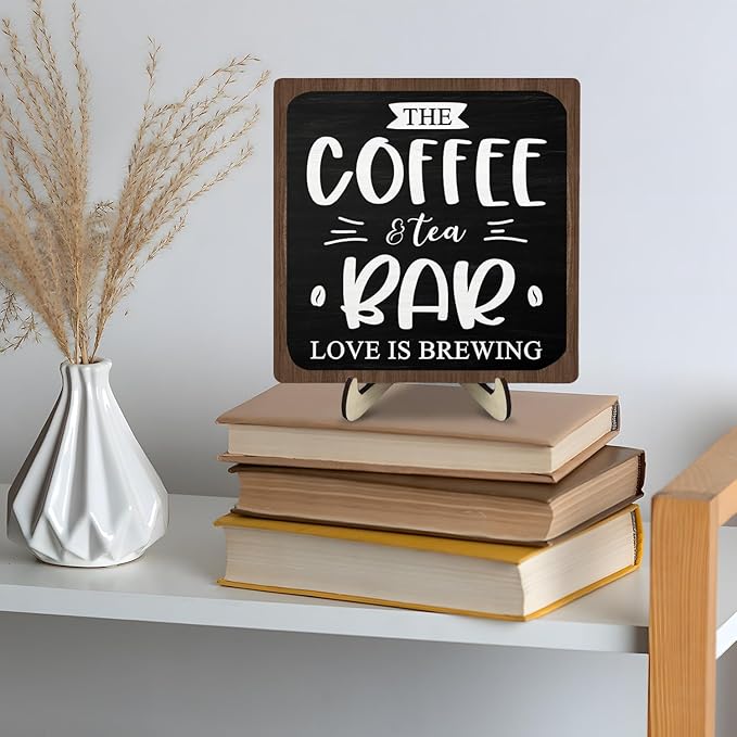 Coffee Bar Decor Sign, Rustic Wooden Plaque for Coffee Lovers, Farmhouse Shelf Accent, Gift for Espresso Fans, Kitchen or Café Desk Display, 5.9 x 5.9Inch(Black+Brown)