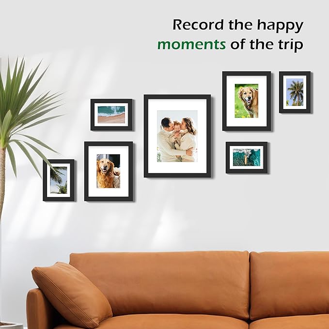 FrameWorks 7-pc Set Collage Wall Wooden Picture Frames Tempered Glass/Black / 1-11"x14", 2-8"x10", 4-5"x7"