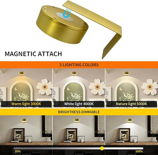 Battery Picture Light 3Pack Gold,Wireless Painting Light with Remote,3 Lighting&Dimmable,Wall Art for Painting Accent Light &Timer for Pictures Frames Gallery Potrait Magnetic