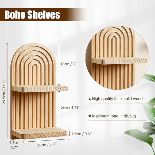 Artilady 2 Pack Boho Wall Hanging Shelves - 2 Tier Handmade Rainbow Arch Solid Wood Floating Shelf Wall Decor Trinket Storage Rack for Bedroom Living Room Nursery Bathroom