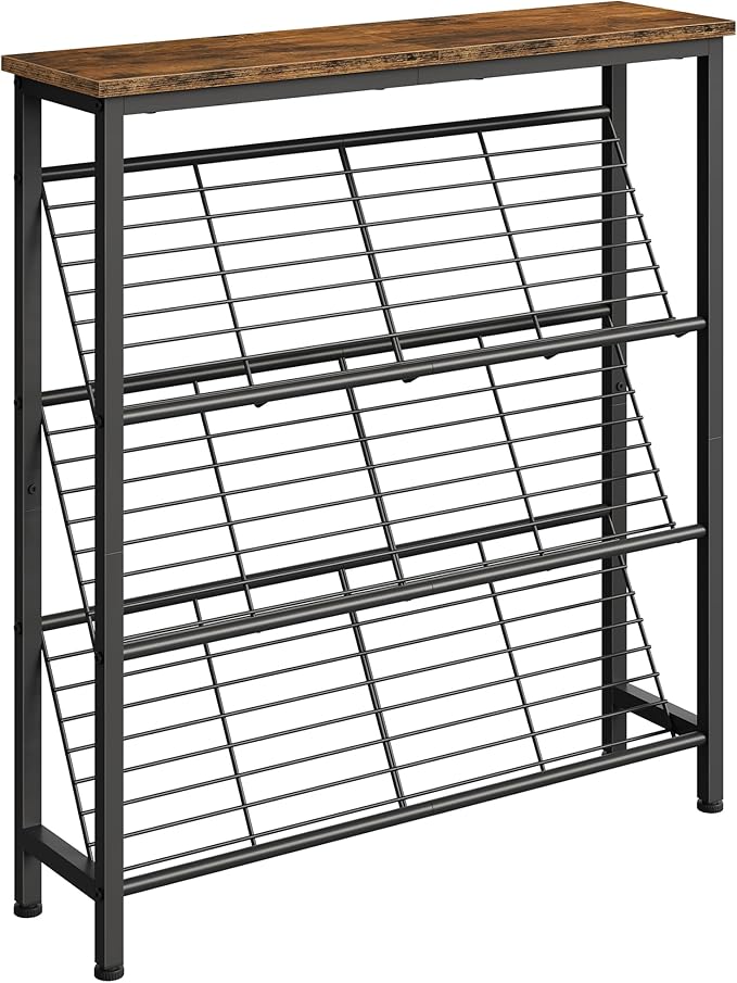Shoe Rack, 4-Tier Narrow Shoe Storage Shelf, Slim Shoe Rack with Wooden Top and Metal Shelves, Slanted Shoe Organizer, Industrial Style, for Entryway, Hallway, Rustic Brown and Black TXJ76BF