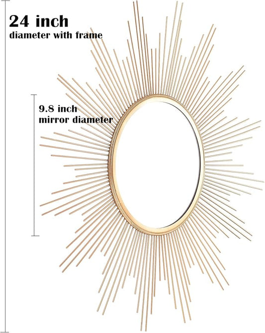 Cityelf 24'' Large Gold Sunburst Wall Mirror Boho Home Decor Round Wall Art Mirror for Living Room/Bedroom/Bathroom/Entryway