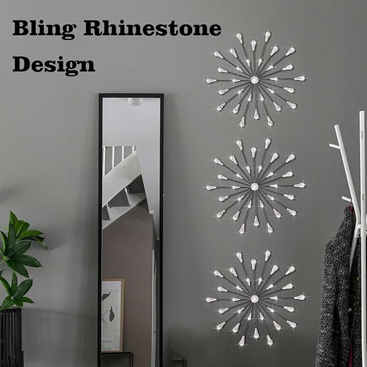ZEXUIRU 3 Pack Black Sunburst Wall Decor – Metal Crystal Wall Art with Sparkling Rhinestones, 14’’/18 Inch Starburst Wall Hanging Set for Living Room Bedroom Bathroom – Modern Bling Home Decorations