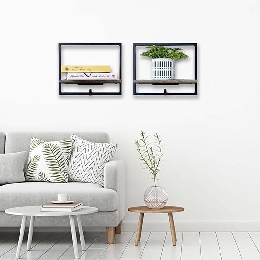 Cocoyard Set of 2 Floating Shelves. Rustic Wall Mounted Display Shelf for Livingroom Bedroom Bathroom, Art Deco, and Plants. Metal Wood Finish Wall Mounted Shelves