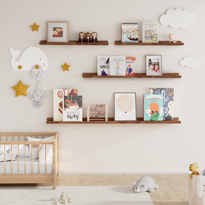 Fun Memories Picture Ledge Shelf for Wall, Floating Shelves Set of 4, 24 Inch Long Nursery Book Shelves for Toys Storage, Kids Bookshelf Wall Mounted for Books Photo Frames, Walnut