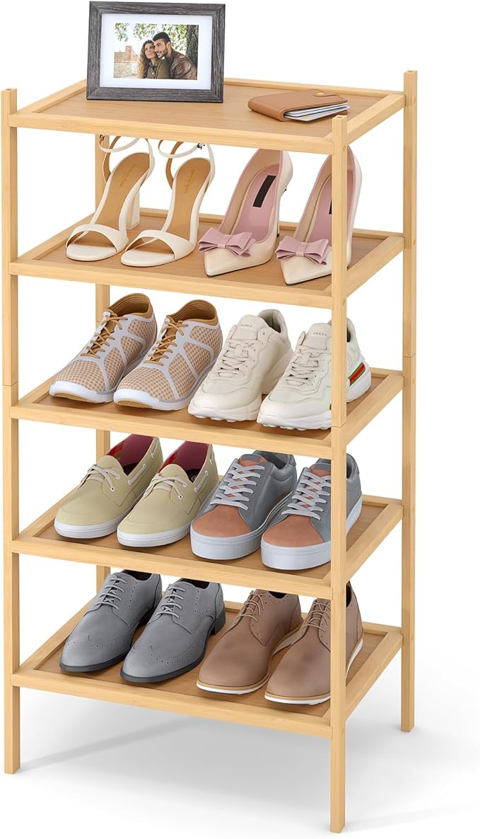 Smiry Bamboo Small Shoe Rack, 5 Tier Shoe Organizer for Entryway & Closet, Stackable Free Standing Storage Shelf for Shoes, Bags & Plants, Natural