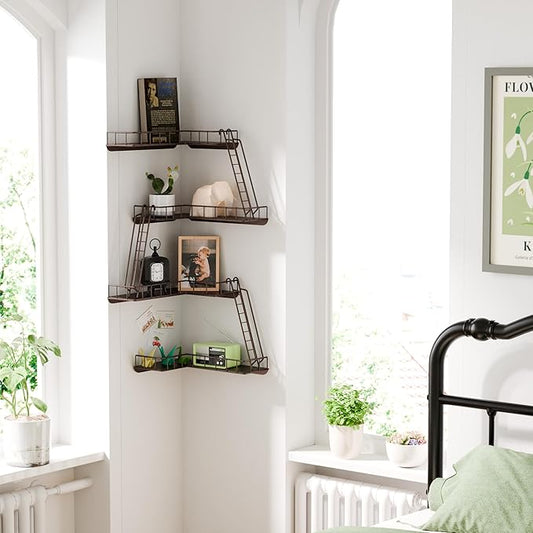 Fire Escape Wall Shelf - Modern City Style 4-Tier Corner Wall Shelves, Easy to Install Metal Ladder Shelf for Figures, New York Decorative Shelves for Bathroom, Living Room&Home Decor,Coffee