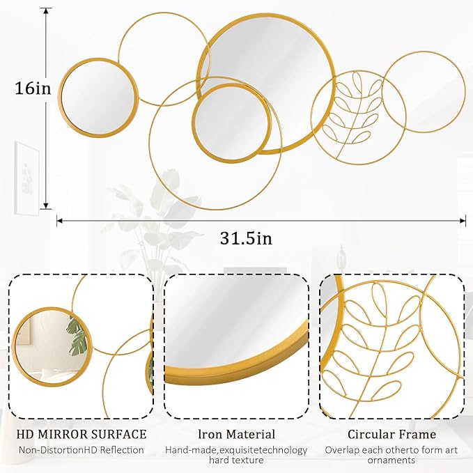 Gold Wall Mirror Set, Wall Mounted Round Metal Framed Mirror Circle Modern Decorative Mirrors for Living Room Bedroom Bathroom Entryway 16x32 Inch Home Decor