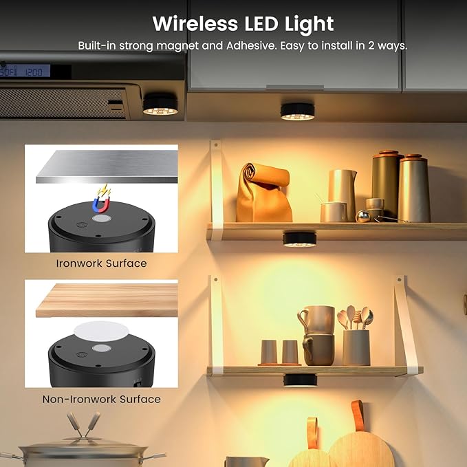 Onumii Rechargeable Puck Lights with Remote 2.4G Under Cabinet Lighting 2600mAh Sync and Groupable Color Changing Magnetic Stick on Tap Lights for Cabinet, Shelves, Display Case (6Pack Black)