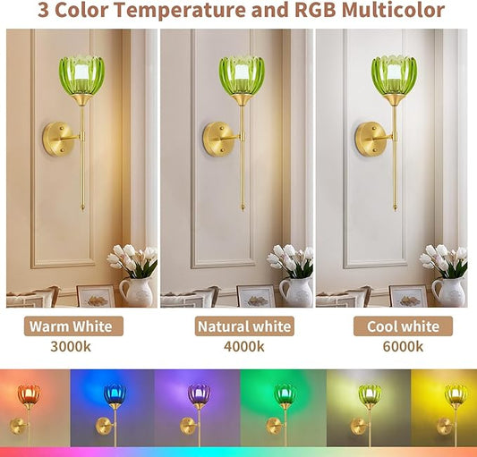 Battery Operated Wall Sconce Set of 2, Rechargeable Wireless Wall Sconce Lights with Glass Lampshade, 5000mAh Dimmable Bulbs with Remote,15 Colors Wireless Wall Lamps for Bedroom Living Room