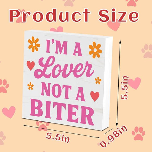 Valentines Cat Dog Desk Decor, Valentine's Day Gifts for Cats Dogs Lover Pet Parent, Valentine Home Office Table Sign Decoration for Shelf Tiered Tray, A Lover Not A Biter