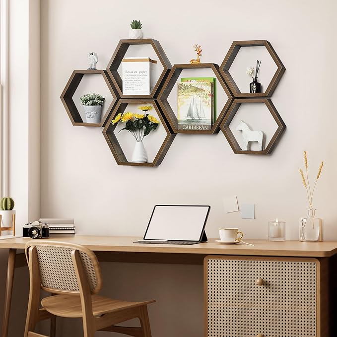 YBING Hexagon Shelves for Wall, Wood Honeycomb Floating Shelves Set of 6,Farmhouse Hexagonal Decorative Storage Shelf MDF for Living Room Bedroom Brown