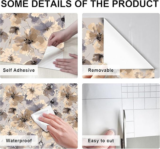Purple Watercolor Floral Peel and Stick Wallpaper, 118" x 17.3" Vintage Removable Waterproof Self Adhesive Wall Paper, Brown Flower Contact Paper Peel and Stick for Classroom Cabinets 14.4 sq.ft