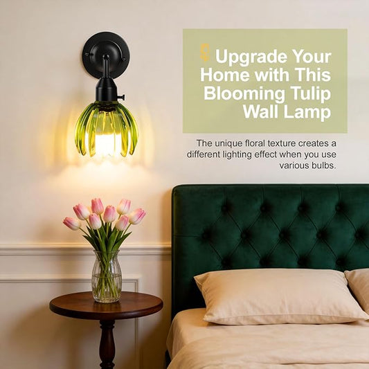 Vintage Gold Wall Sconces with Green Tulip Glass Lampshade, Hardwired and Wireless Wall Lamp (2 Usage Methods), Blakc Sconces Hradwired Modern Wall Lighting Fixture for Bedroom Living Room