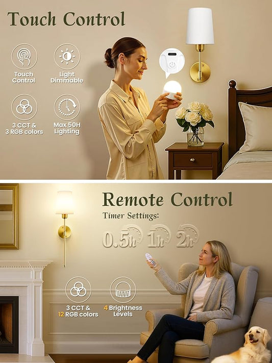 Battery Operated Wall Sconces Set of 2, Bronze Cordless Wall Lights with Rechargeable Magnetic Bulbs and Remote, Dimmable & 15 RGB Colors Wall Lamps for Bedroom Living Room Hallway 23Inch