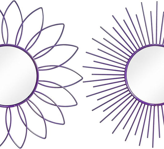 3 Pack Metal Mirrors for Wall Sunburst Wall Mirrors Home Décor Decorative Hanging Wall Art for Living Room Bedroom Entryway (Purple, Flower+Sunburst)