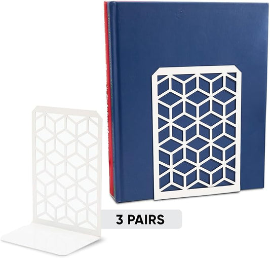 Geomod 3D Cube White Metal Bookends Decorative for Heavy Books - Sturdy Boho Book Stops - Minimal Book Shelf Stopper - Durable Office Bookends - Weighted Metal Book Holders - 7x4.75 Inches - 3 Pair