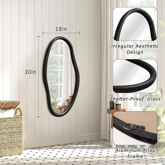 JJUUYOU Irregular Wall Mirror Black Asymmetrical Wooden Mirror 30"x18" Large Home Decorative Wall Mounted Vanity Mirrors for Bathroom Dressing Room Living Room