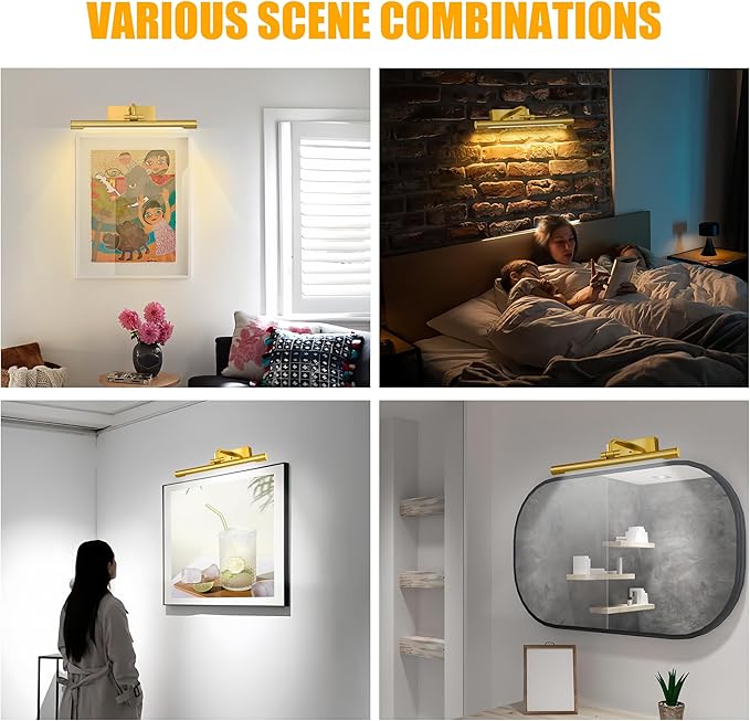 14in Picture Light,Battery Operated Picture Light,Brass,with Remote and Timer,Wall Pictures,Dimmable for Display Photo,Frame,Portrait.