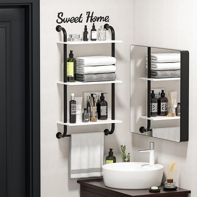 Wall Shelves 3-Tier, Bathroom Shelves Over Toilet, Rustic Industrial Pipe Shelf, Farmhouse Bathroom Decor, Floating Shelf Wall Decor for Bedroom, Living Room 17.3 inch, White