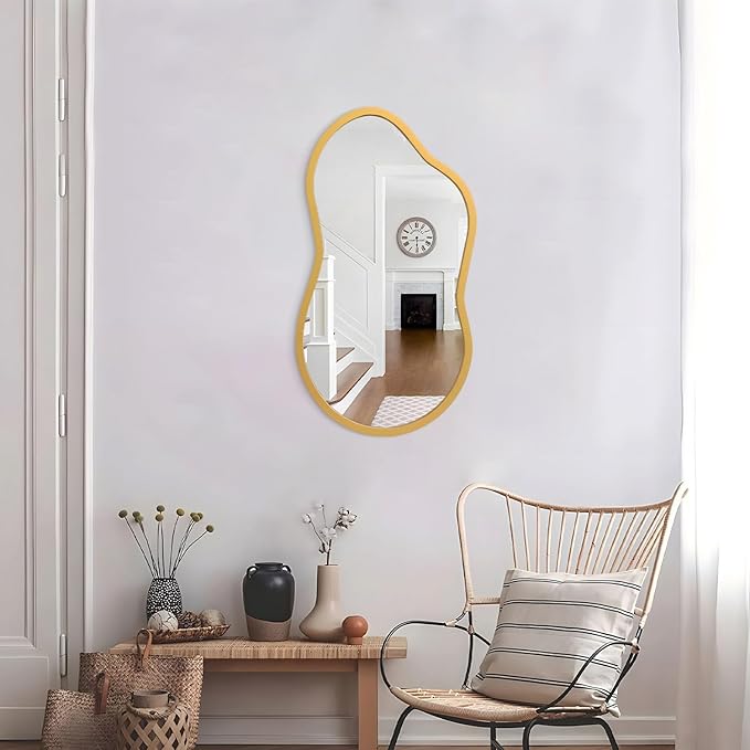 AAZZKANG Gold Asymmetrical Mirror with Wooden Frame Irregular Decorative Wall Mirrors for Bedroom Dressing Room Living Room Bathroom Entryway Small