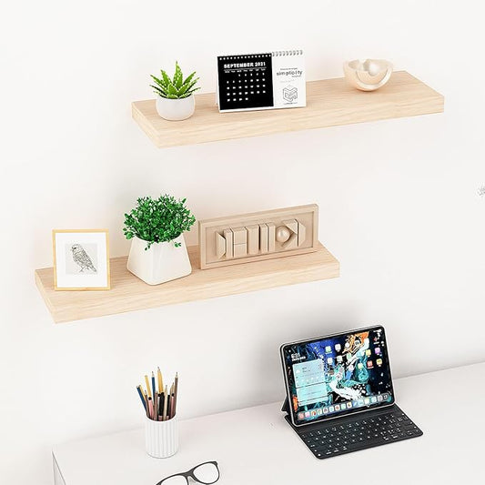 Floating Shelves (Set of 2) – Wall Mounted Shelves for Home Décor and Storage, Natural Pine Wood, Suitable for Living Room and Bedroom (Unfinished, 23.6" x 6.7" x 1.2")